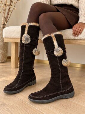 A Giannetti Italy Leather Suede Fur Brown Boots Pom Pom Penny Lane Style Size 8